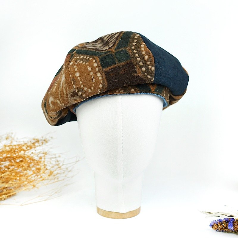手工 貝蕾帽  雙面貝雷帽 男女 畫家帽 客製化 中性 古著 復古 保暖磨毛【神秘島】【B-13】 - 帽子 - 棉．麻 咖啡色