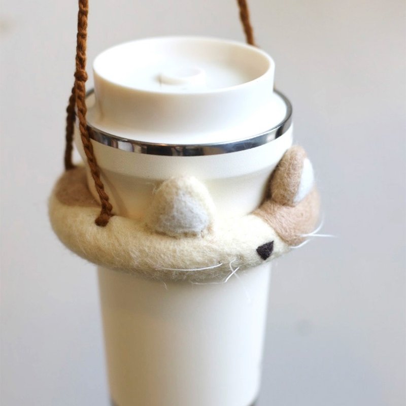 WoolfeltingWoolfelt White Cat Cup Sleeve Eco-friendly - ถุงใส่กระติกนำ้ - ขนแกะ ขาว