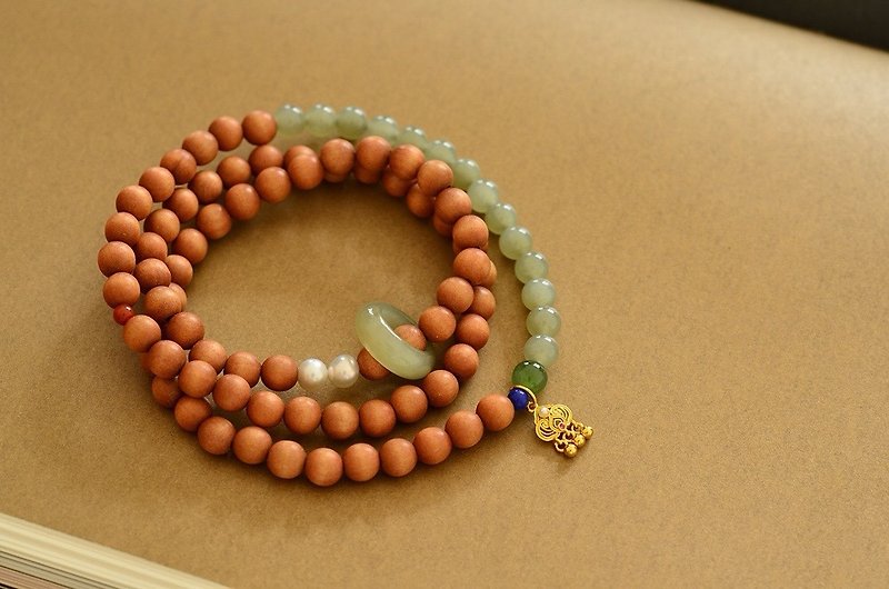 Indian natural old mountain sandalwood beads and Hetian jade clear water jade pure silver lotus tassel design multi-circle bracelet necklaces - สร้อยข้อมือ - ไม้ สีนำ้ตาล