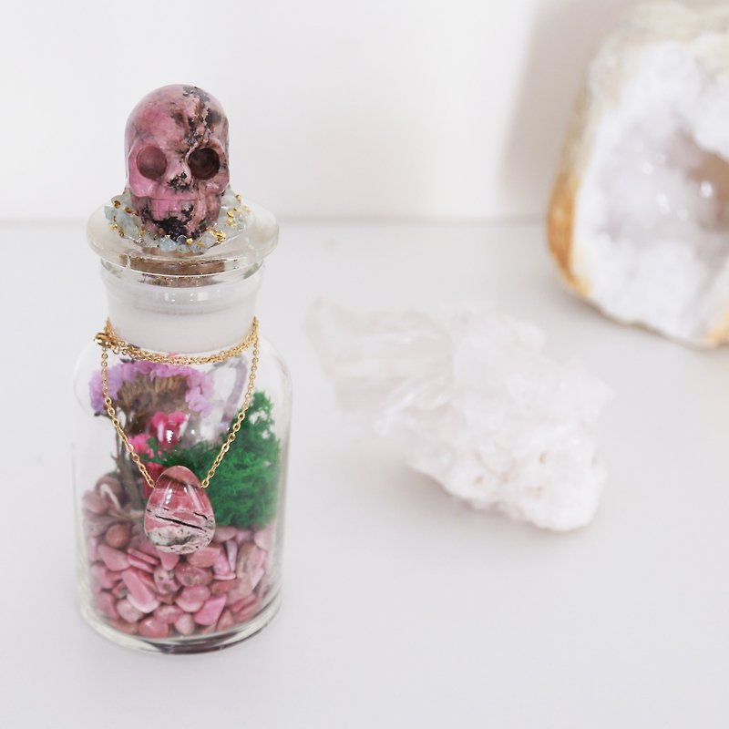 Magickal Crystal  Bottle ~ Rhodonite Skull (Medium Size)