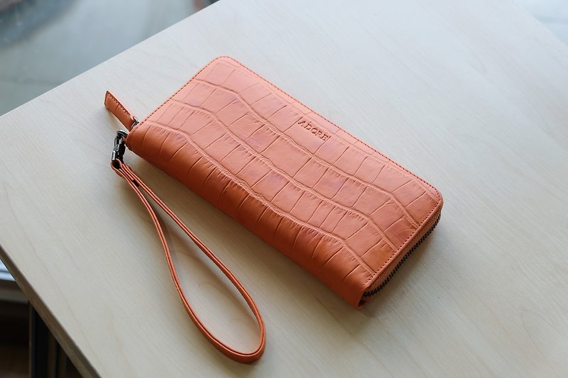 MeLLow - Round Zip Wallet - Juicy Orange (Cow leather with Croco Embossed) - กระเป๋าสตางค์ - หนังแท้ สีส้ม