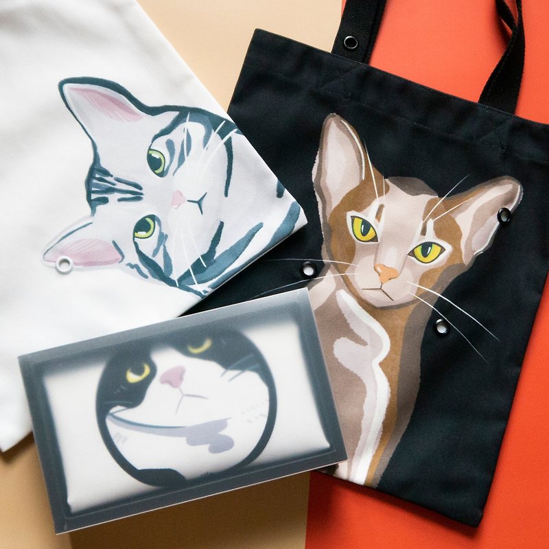 聚酯纖維 手袋/手提袋 白色 - 貓咪雙面插畫帆布包-三件任選組合