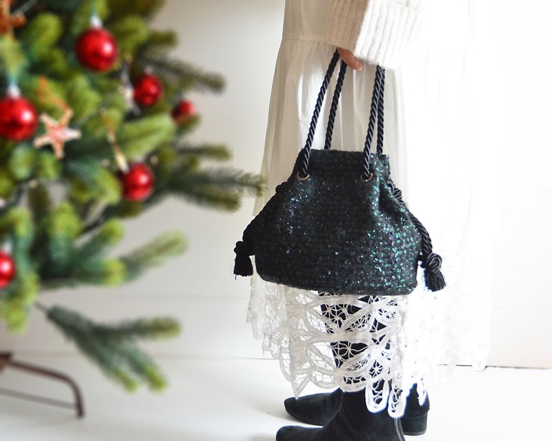 TOURNIER Fancy Tweed Marine Bag Black x Lame Green Great for Christmas Gifts and Rewards - กระเป๋าแมสเซนเจอร์ - ขนแกะ สีดำ