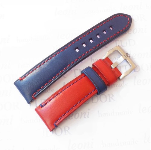 Leoni handmade 帝舵表紅藍相間的表帶 真皮材質