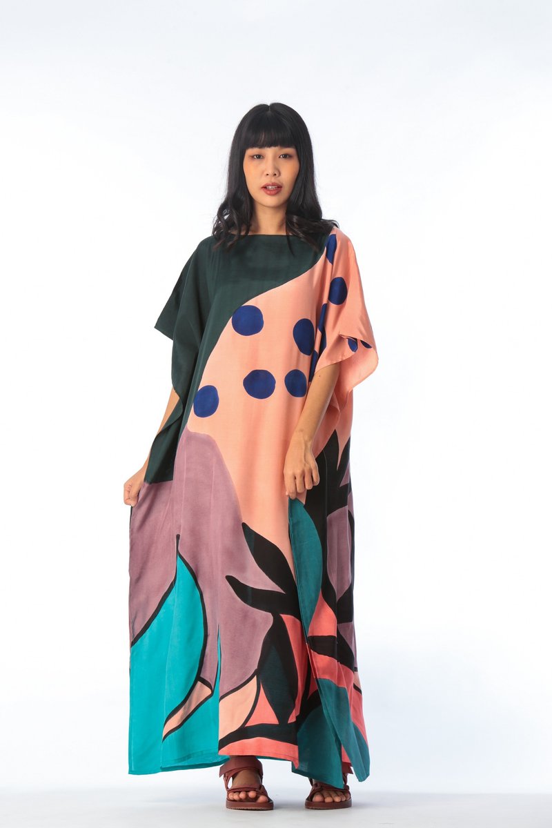 Hand Painted Cotton Silk Kaftan for Summer Resort Vacation F - 洋裝/連身裙 - 棉．麻 綠色
