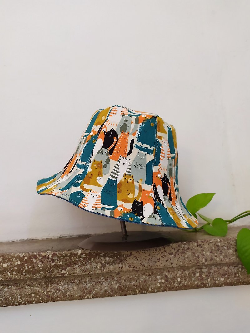 Handmade double-sided fisherman hat/short brim/sun hat/ Teal orange/color cat - Hats & Caps - Cotton & Hemp Green