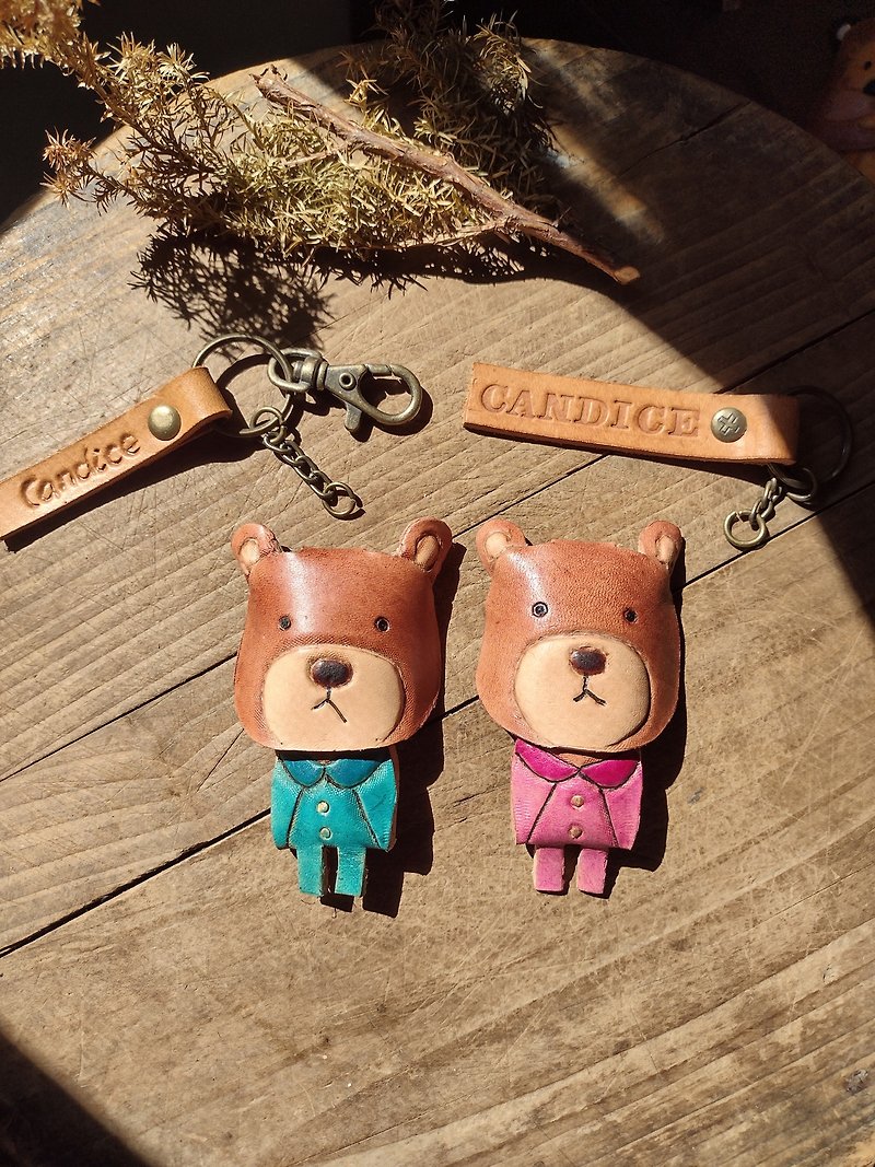 Lovely couple brown bear pure leather key ring - name engraved - ที่ห้อยกุญแจ - หนังแท้ สีนำ้ตาล
