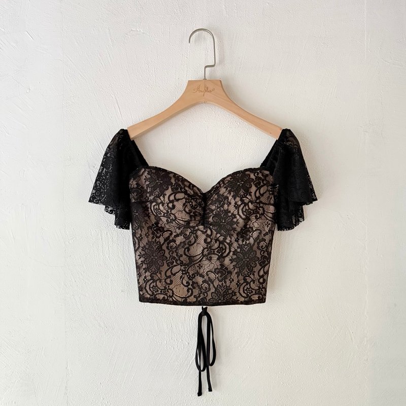 訂製系列-法式馬甲綁帶飄袖上衣 - 背心/無袖上衣 - 其他材質 