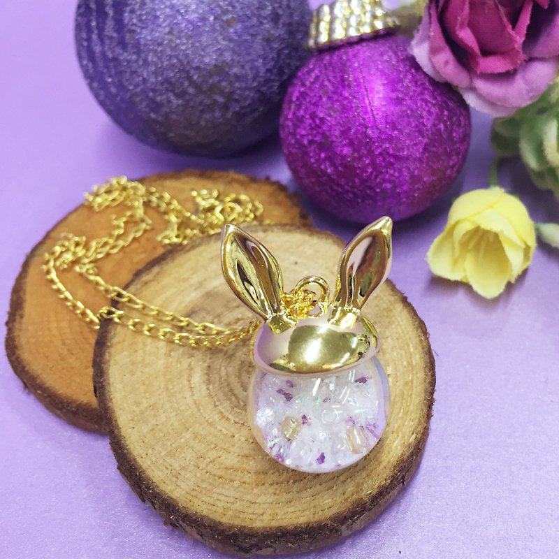 兔仔耳水晶玻璃球頸鏈 雪球波波 Rabbit Snow Ball Necklace - 頸圈項鍊 - 其他金屬 金色