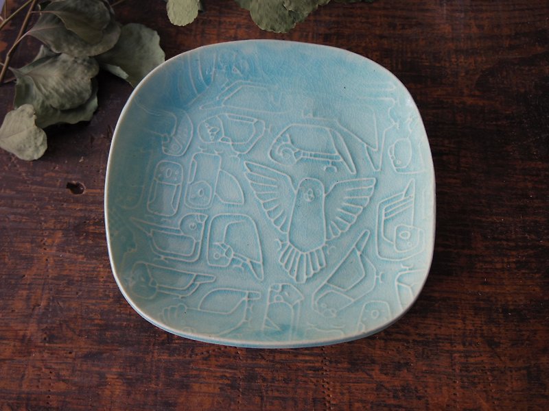 Turkish blue square plate with relief parakeets