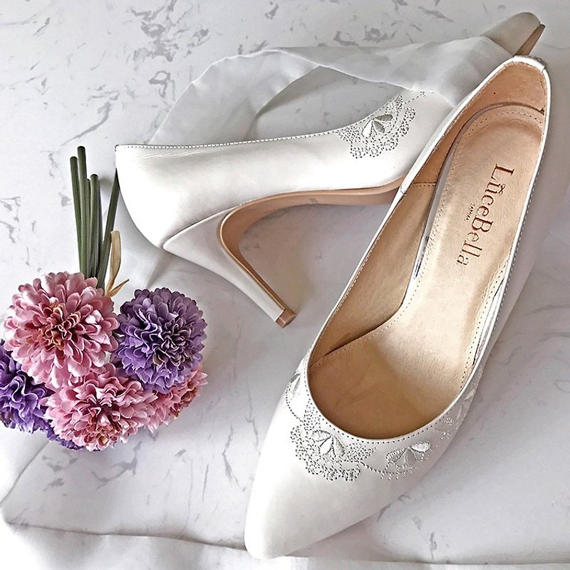 オフホワイトの-MITフルレザーハイヒールの靴台湾 - 手作りの結婚式の靴を刺繍[ハッピー]フランスのパターン - パンプス - 革 ホワイト