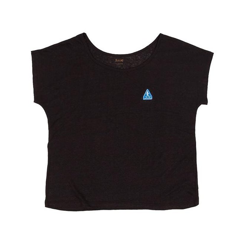 リネンのサラサラ生地使用。 かわいい刺繍の　交通マーク Tシャツ　レディースフリー サイズ　Tcollector - T 恤 - 棉．麻 黑色
