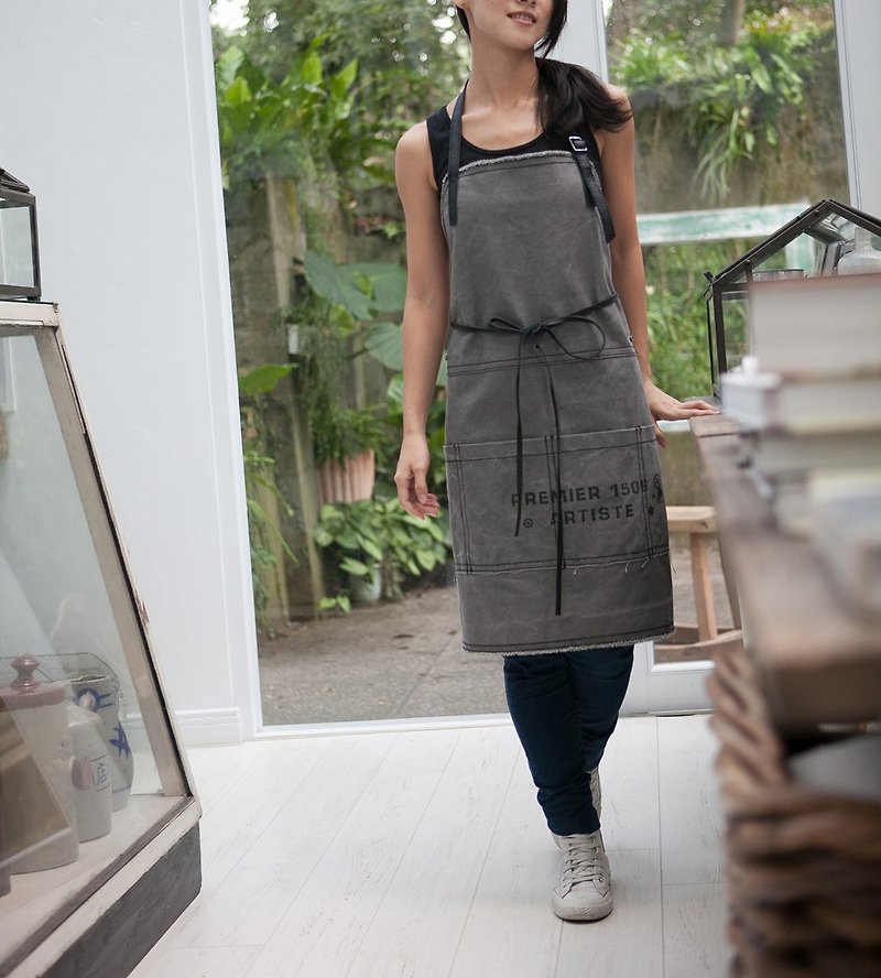 Hand Waxed Canvas and Leather Apron Free S/H for HK MO TH - Aprons - Cotton & Hemp Gray