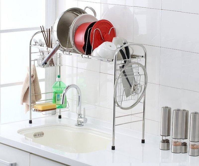 Stainless Steel cross-sea bridge heightening complete complete with unique adjustable plate rack, chopstick basket, cutting board rack, pot cover rack, dishwashing rack kitchen storage dish rack sink basket kitchen rack - Storage - Stainless Steel Silver
