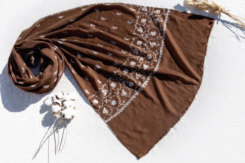微暇喀什米爾Cashmere/羊絨圍巾/純羊毛圍巾披巾/戒指絨披肩-刺繡 - 圍巾/披肩 - 羊毛 咖啡色
