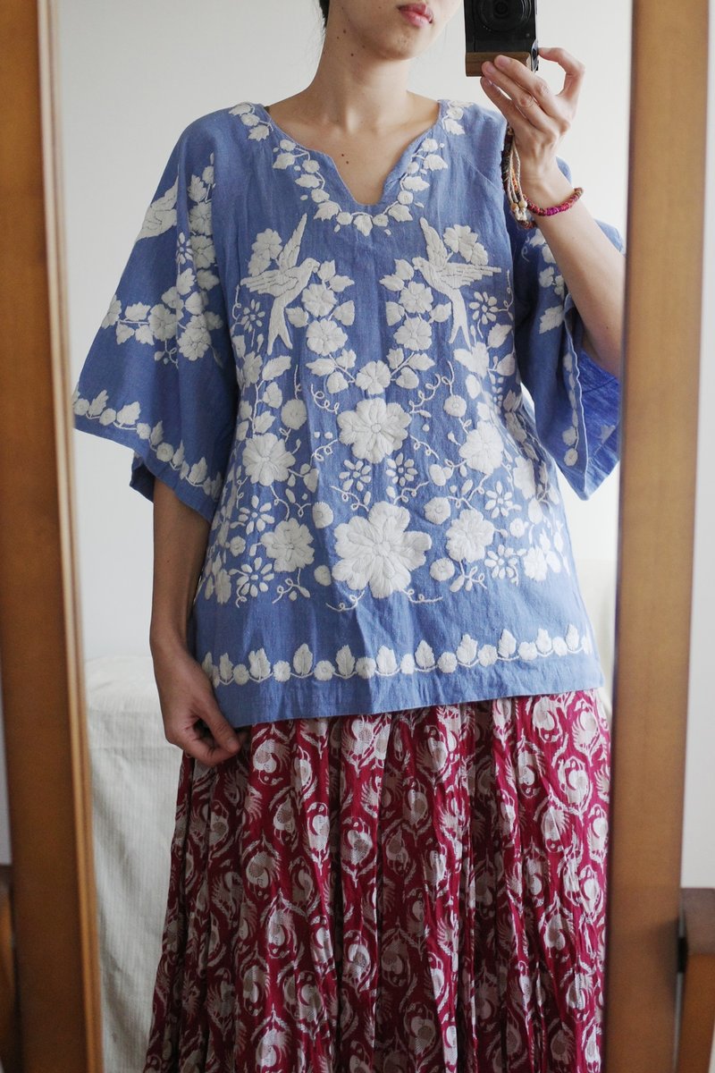 Vintage 70s 墨西哥手工刺繡喇叭袖嬉皮上衣 - 女上衣/長袖上衣 - 棉．麻 