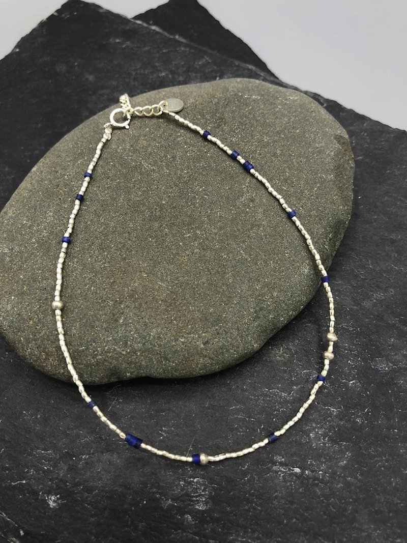 Silver grain and Lapis Lazuli or Turquoise beads anklet (BA0003) - กำไลข้อเท้า - เงิน สีเงิน