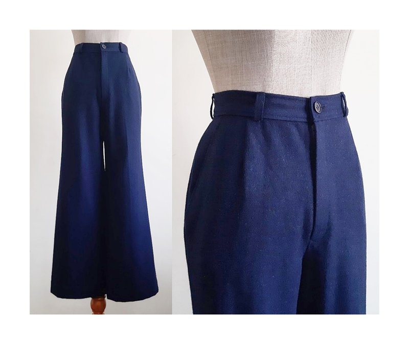 Vintage Navy Blue Wide Leg Pants - กางเกงขายาว - วัสดุอื่นๆ สีน้ำเงิน