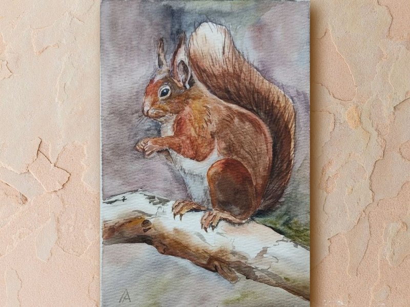 Squirrel painting original watercolor art bird artwork wildlife art - 海報/掛畫/掛布 - 紙 咖啡色