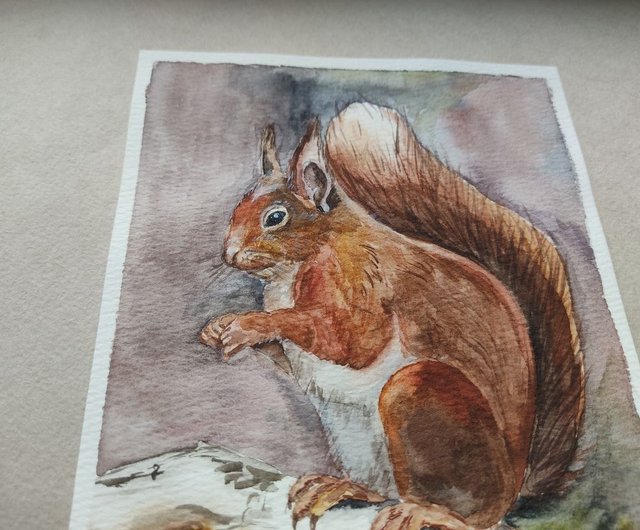 リスの絵オリジナル水彩アート鳥のアートワーク野生動物のアート
