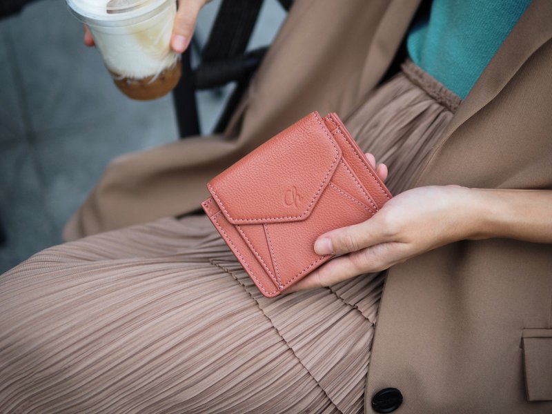 Daily (Coral) : Mini wallet, short wallet, cow leather, Orange-Brown - 錢包/皮夾/長短夾 - 真皮 橘色