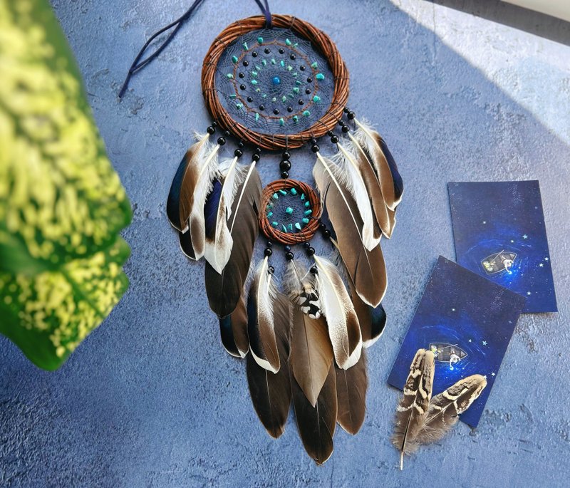 Dream catcher authentic Native American style from natural materials, นักล่าฝัน - 壁貼/牆壁裝飾 - 繡線 咖啡色