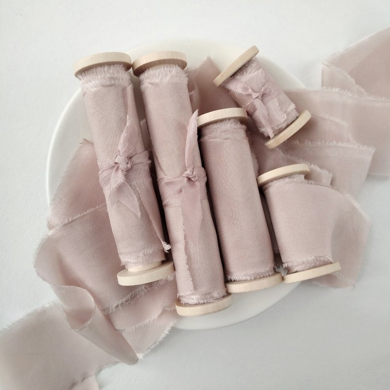 Dusty Nude Silk Ribbon / Hand Dyed Silk ribbon on Wood Spool - 包裝材料/包裝紙 - 絲．絹 粉紅色