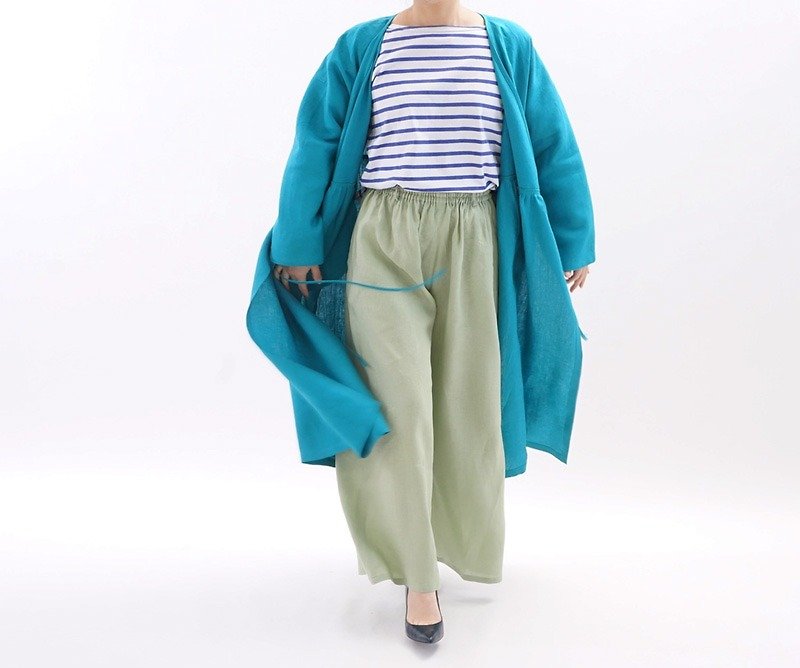 中厚ベルギーリネン　カシュクール・ワンピース/ピーコックブルー a5-17 - 洋裝/連身裙 - 棉．麻 藍色