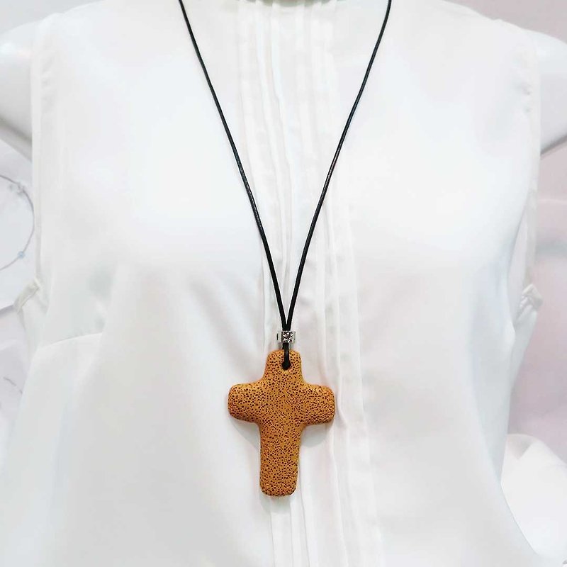 Yellow Lava Bead Diffuser Necklace Large Cross Pendant Cowhide Leather Cord - สร้อยคอยาว - หนังแท้ สีเหลือง