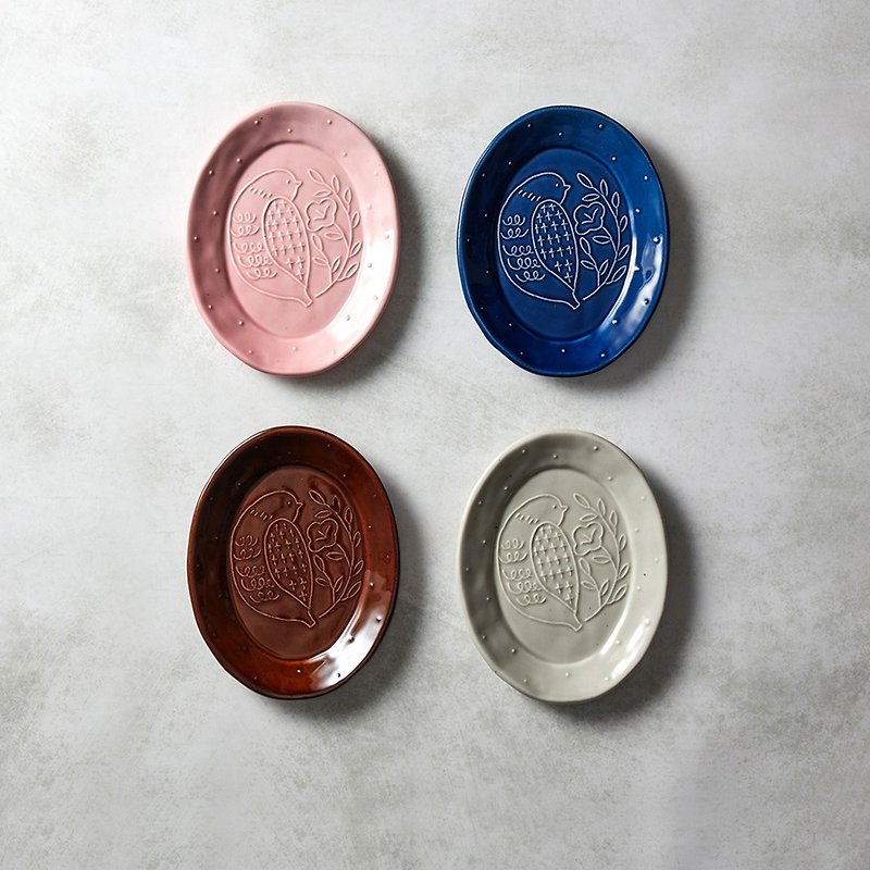 Ishimaru Hasamiyaki-Song of Mori Oval Bird Plate-(2 Piece Set) - Small Plates & Saucers - Pottery Multicolor