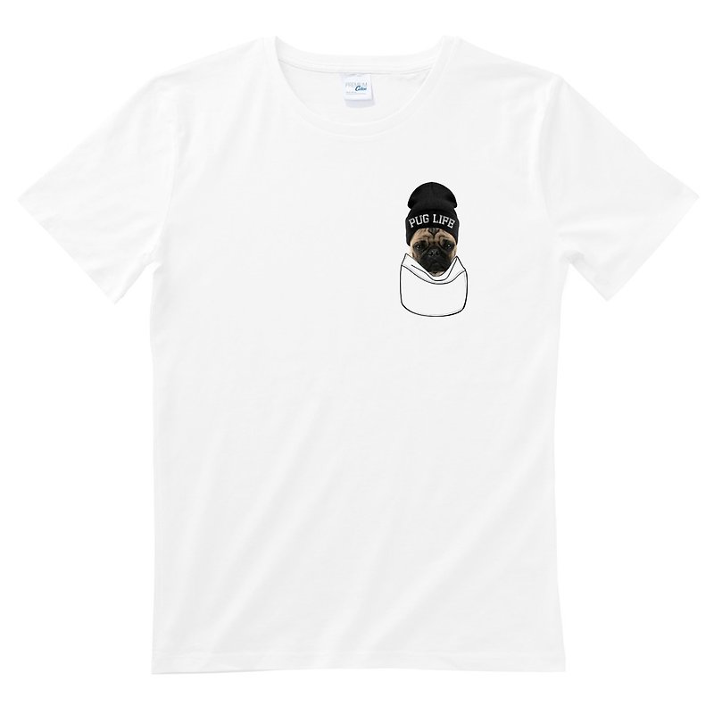 Pug Life #3 unisex white t shirt - เสื้อยืดผู้หญิง - ผ้าฝ้าย/ผ้าลินิน ขาว