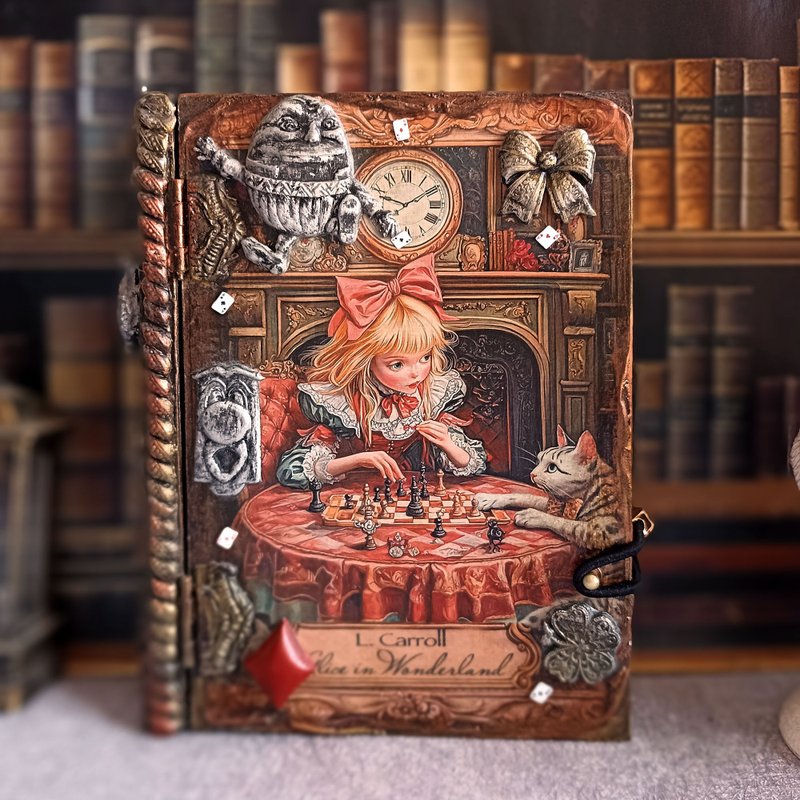 Wooden book box,Tarot cards box,Alice in Wonderland,Mad Hatter box,White rabbit - กล่องเก็บของ - ไม้ สีแดง