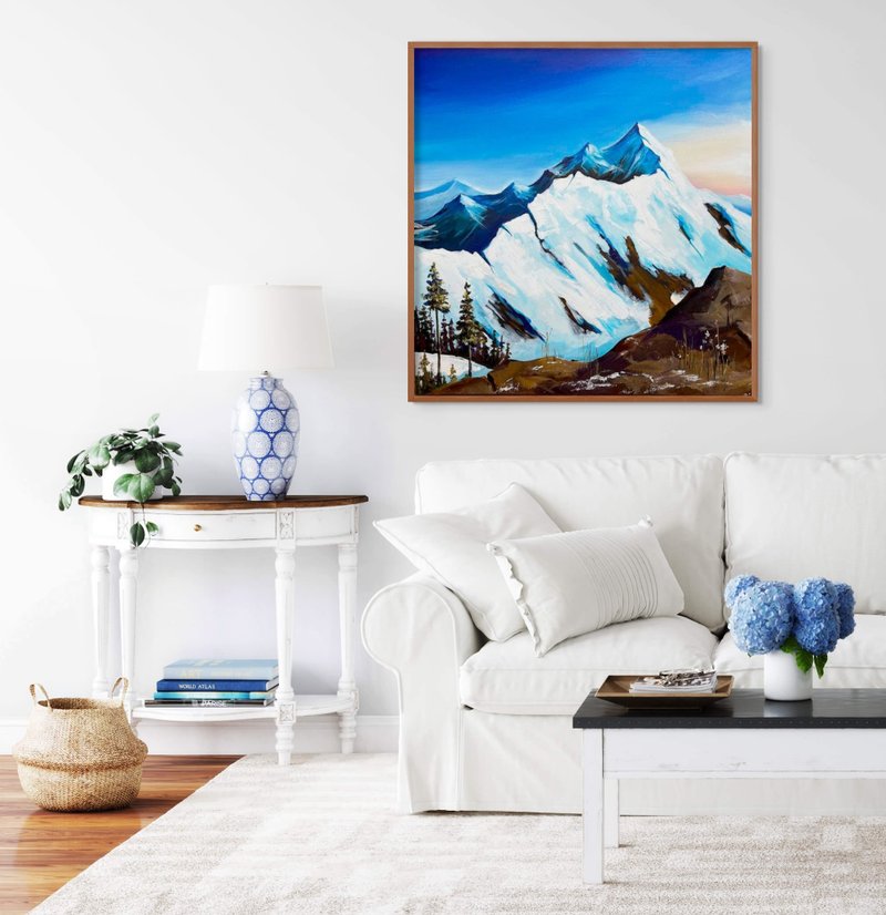 Original Mountanis Landscape Canvas Painting Large Wall Art, Textured Art - 壁貼/牆壁裝飾 - 棉．麻 藍色