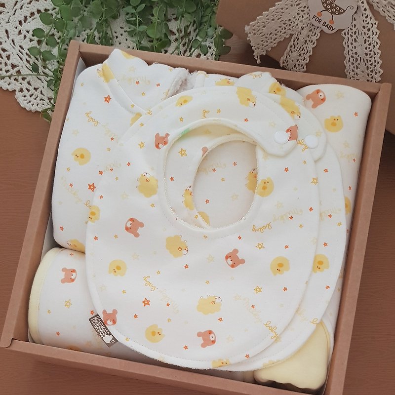五件組彌月禮 可愛小動物 精梳針織棉 最實用品項 獨家手工製作 - 彌月禮盒 - 棉．麻 黃色