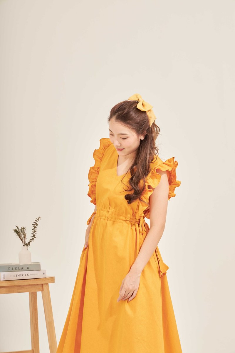 牛津棉無袖綁帶長洋裝  - ALLURE : 黃色 - 洋裝/連身裙 - 棉．麻 黃色