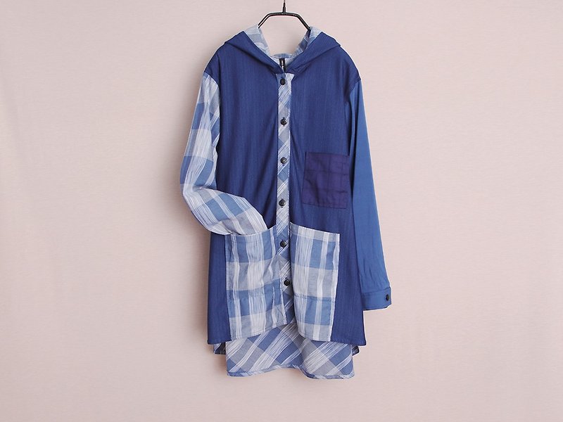 Wavy Blue Check Breasted Hoodie - Women's Tops - Cotton & Hemp Blue
