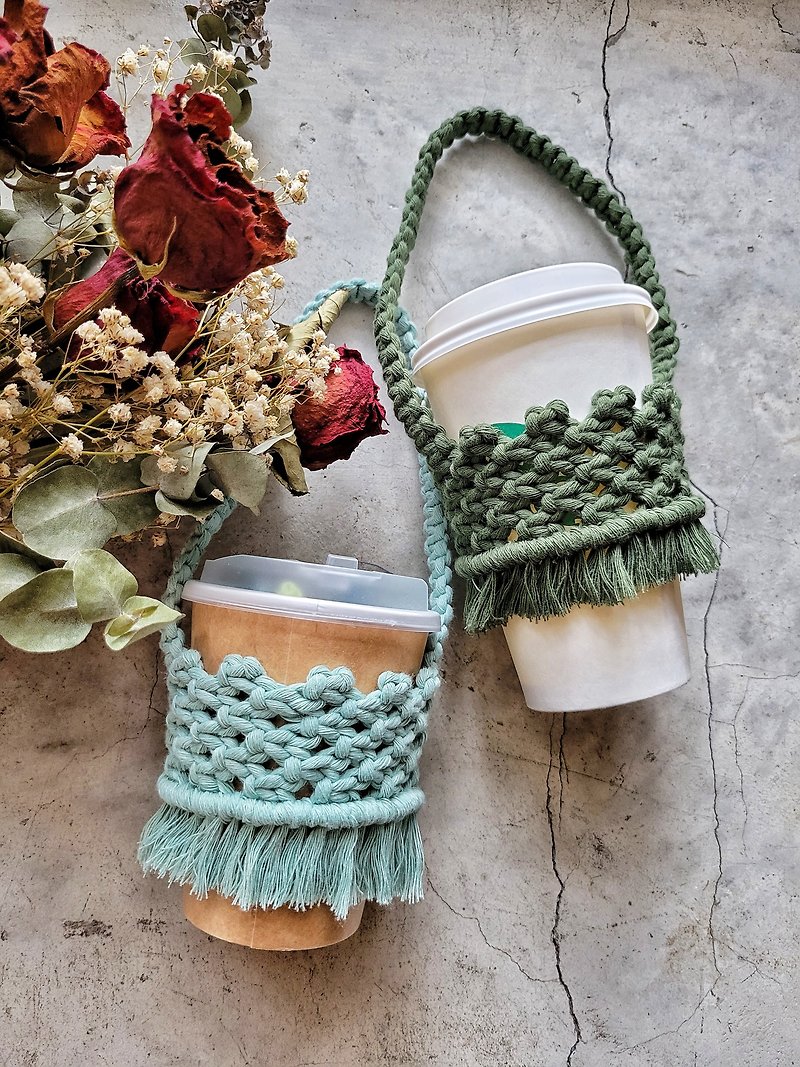 Macrame single-strand cotton rope multicolor woven beverage cup bag - Beverage Holders & Bags - Cotton & Hemp Multicolor