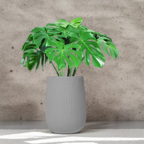 巧繪網植物館 龜背芋水泥盆栽 大盆栽 直條紋巖灰圓盆 落地盆栽禮 北歐極簡