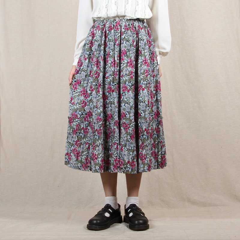 [Eggs] bell orchid plant vintage fine printing group pleated skirt vintage - Skirts - Polyester Multicolor