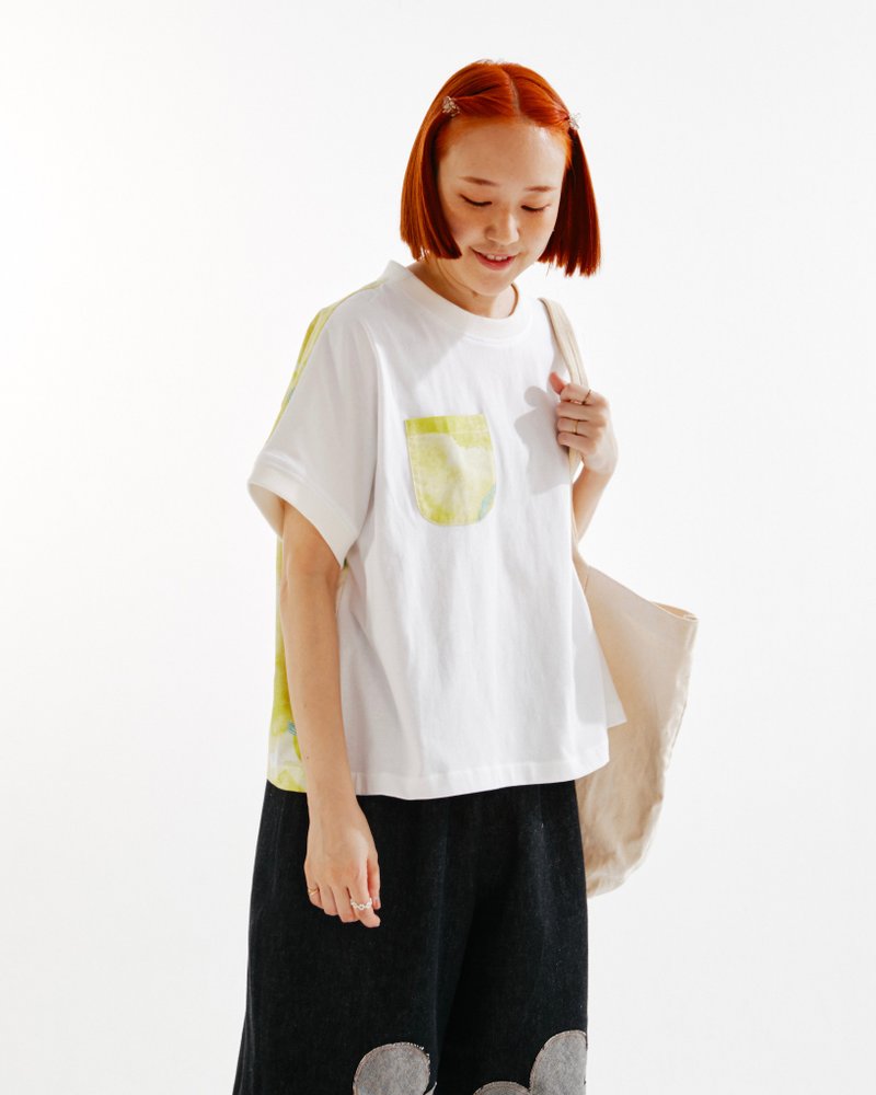 蝙蝠袖拼接白T  獨家印花library款 - 女 T 恤 - 棉．麻 白色