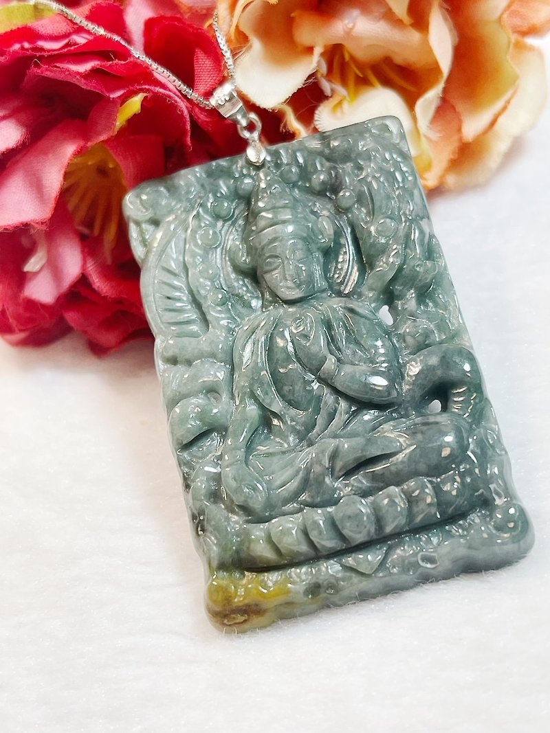Multi-jewel Stone/natural jade A-grade pendant/blue water Guanyin/powerful Guanyin/carved Guanyin/Guanyin brand/ - Necklaces - Jade Blue