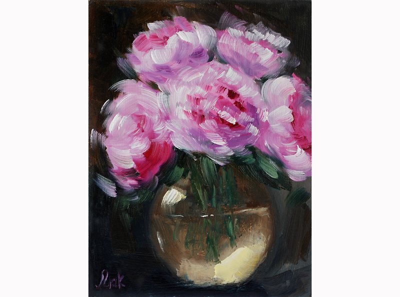 Pink Peony Painting Abstract Flowers in Vase Original Wall Art Floral Oil Painti - Wall Décor - Other Materials Purple