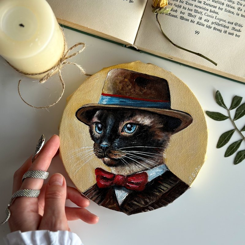 Siamese cat original painting, Cat mini painting, Vintage Style Animal Wall Art - ตกแต่งผนัง - ผ้าฝ้าย/ผ้าลินิน สีกากี