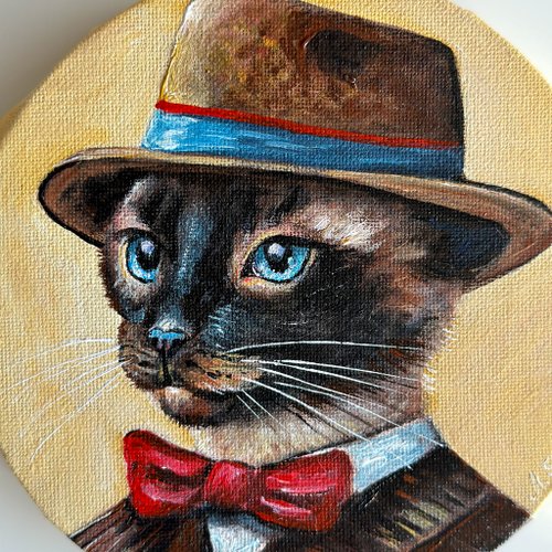 シャム猫のオリジナル絵画、猫のミニ絵画、ヴィンテージスタイルの動物