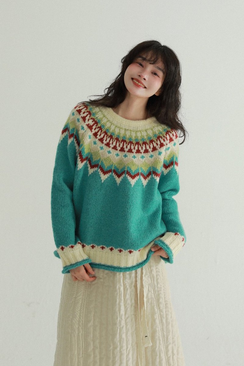 Yellow/green rolled collar Fair Island sweater Japanese retro design contrast color college style knitted top - สเวตเตอร์ผู้หญิง - ขนแกะ สีเขียว