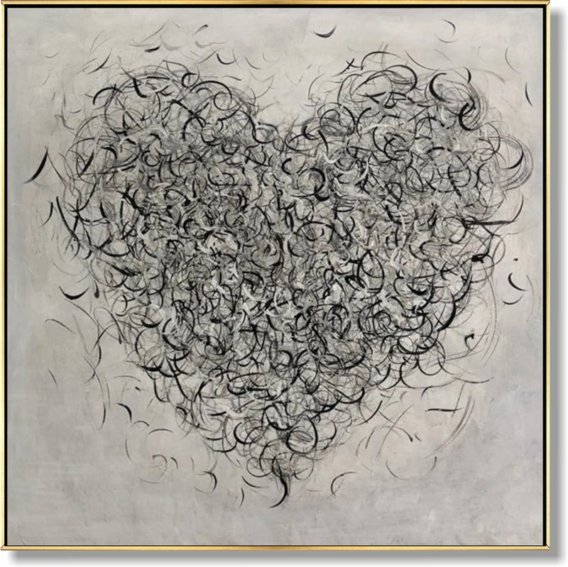 Black and White Wall Art Original Heart Painting on Canvas Love Artwork Romantic - Wall Décor - Acrylic Gray