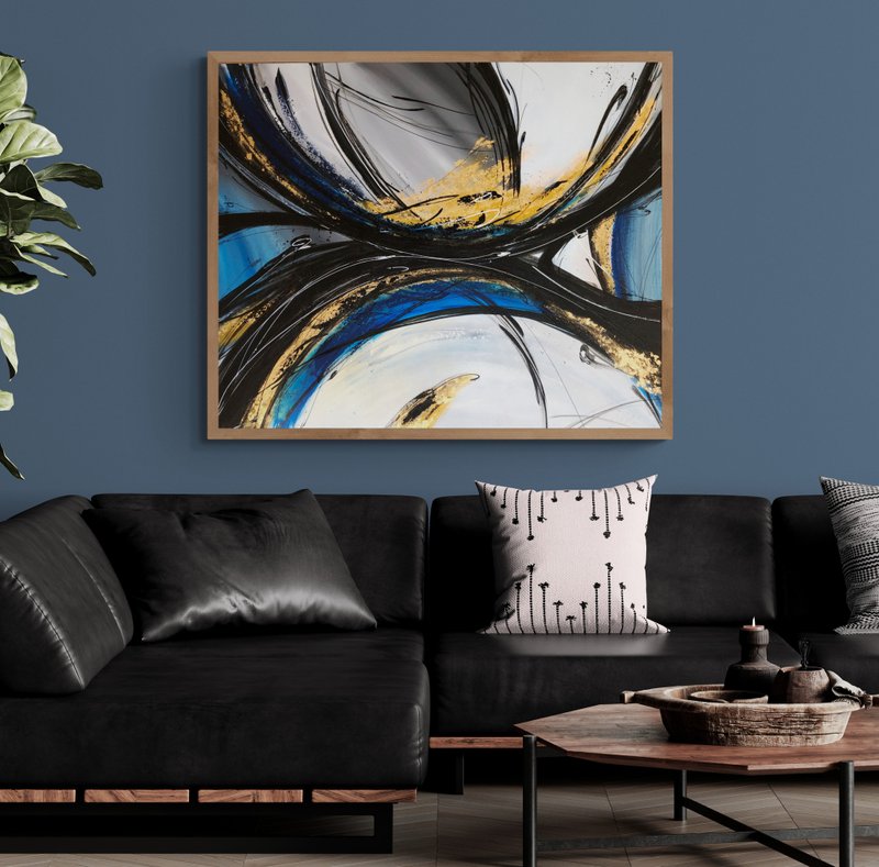 Abstract black blue gold oil painting on canvas painting Wall Ar for Living room - 壁貼/牆壁裝飾 - 棉．麻 藍色