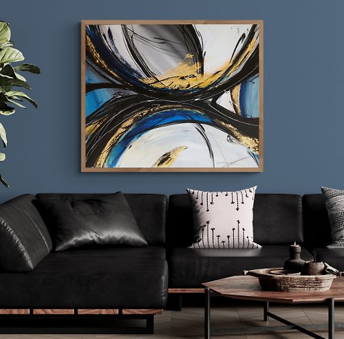 JuliaKotenkoArt Abstract black blue gold oil painting on canvas painting Wall Ar for Living room