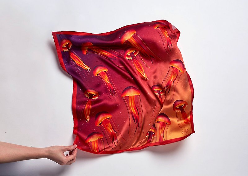 Ocean Silk Satin Scarf (Jellyfish), Pure Silk Satin, Square Scarf - 絲巾 - 絲．絹 紅色