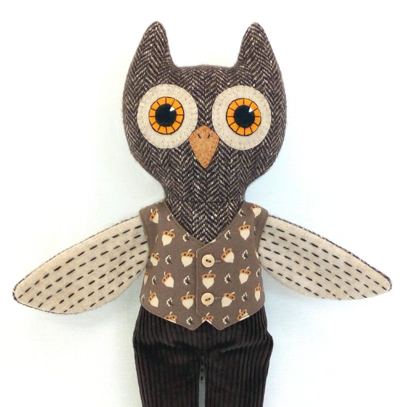 Owl boy, textile stuffed doll, handmade wool plush toy - ตุ๊กตา - ขนแกะ สีนำ้ตาล